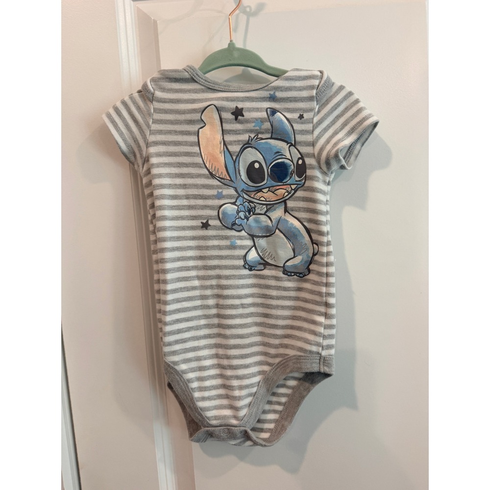 Disney Baby Stitch Striped Short Sleeve Bodysuit Grey White 12M